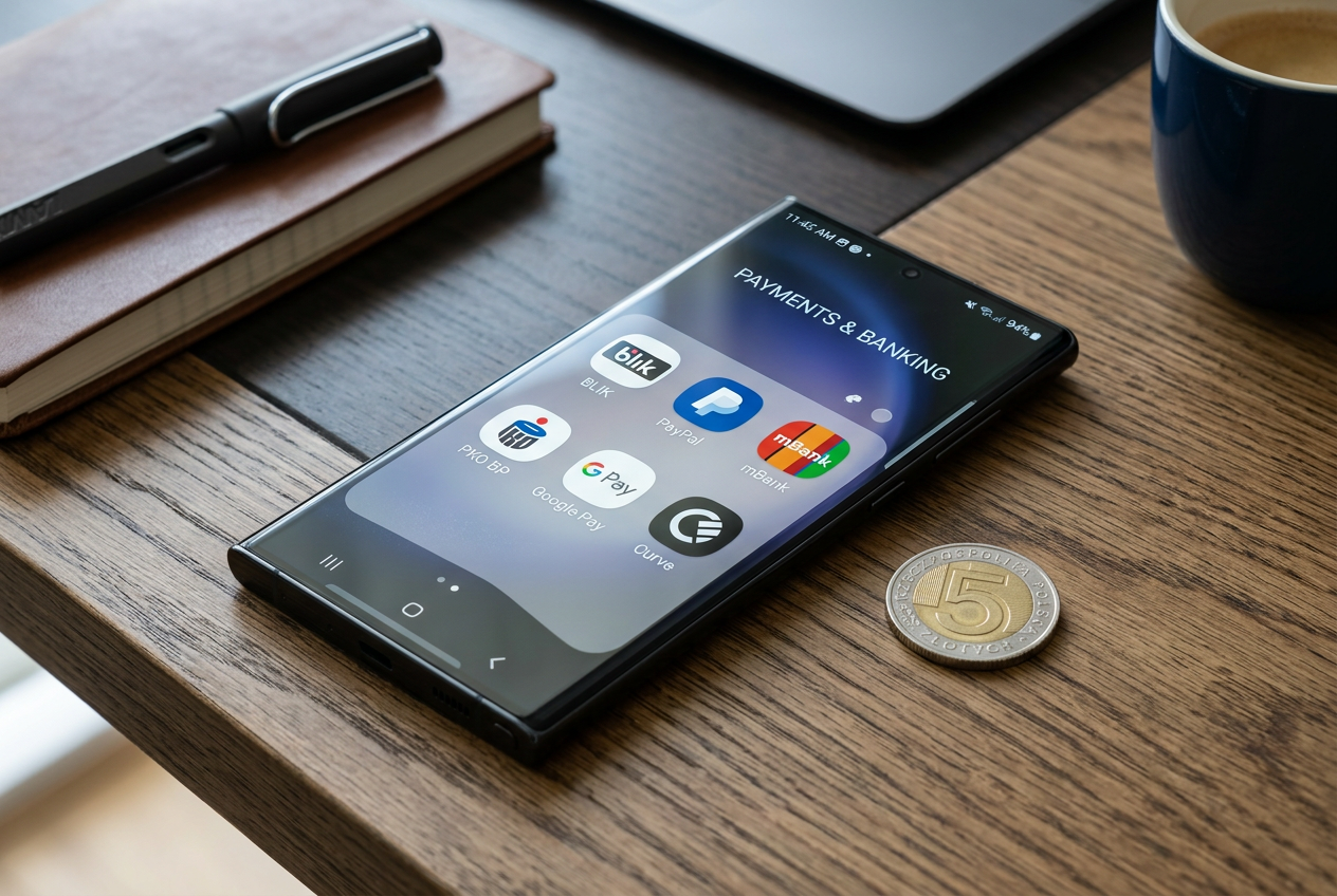 A smartphone showing payment icons next to a 5 PLN coin.