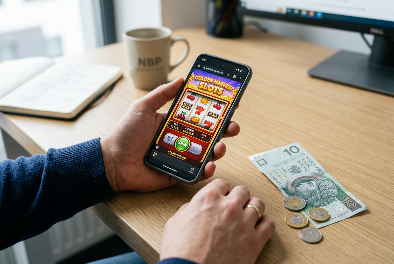 Smartfon z aplikacją kasynową i polskimi banknotami